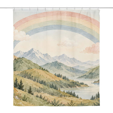 Golden Valley Rainbow shower curtain, full front view of the 71 x 74 in fabric curtain