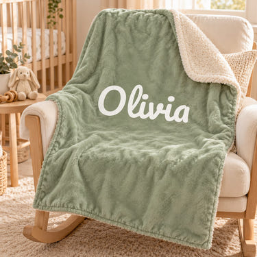 Classic Name sherpa baby blanket, personalized, styled photo 1