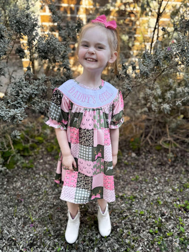 Smocked hunting daddy's girl dress for babies, perfect for stylish and playful outings.