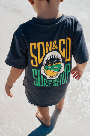 Baby Shark Bite T-Shirt in playful design, perfect for toddlers, shown from angle 3.