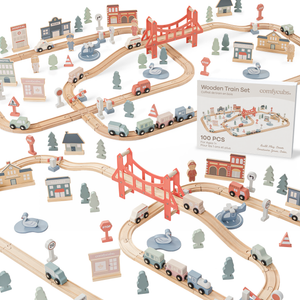 Colorful 100-piece wooden train set for toddlers, featuring tracks and trains, perfect for ages 1 and up.