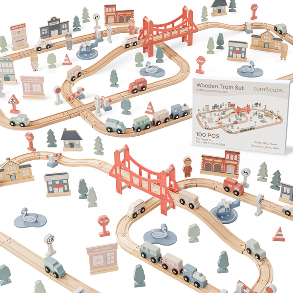 Colorful 100-piece wooden train set for toddlers, featuring tracks and trains, perfect for ages 1 and up.
