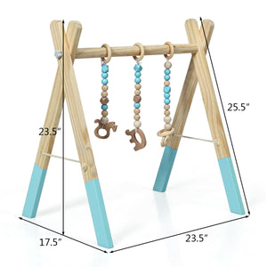 Portable wooden newborn activity gym with teething toys, perfect for baby playtime and development.