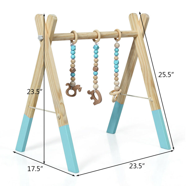 Portable wooden newborn activity gym with teething toys, perfect for baby playtime and development.