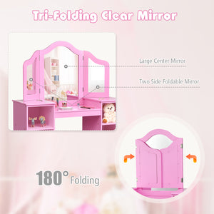 Kids tri-folding mirror makeup vanity table set for stylish playtime and dressing fun.