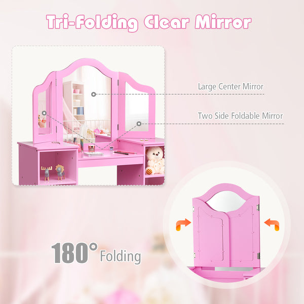 Kids tri-folding mirror makeup vanity table set for stylish playtime and dressing fun.