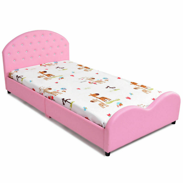 Twin size upholstered toddler bed with wood slat support, perfect for stylish and comfortable sleep.