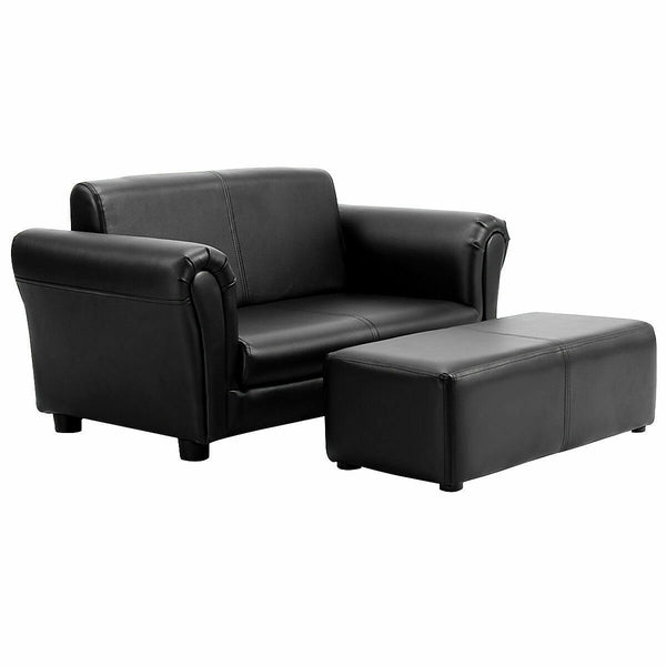 Black and white kids double sofa with ottoman, stylish play furniture for children's rooms.