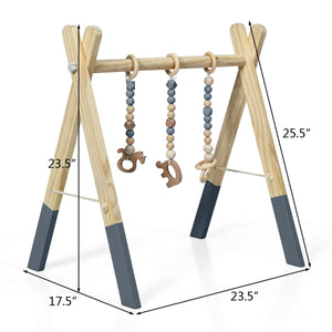 Portable wooden baby activity gym with teething toys, perfect for newborns, shown from angle 21.