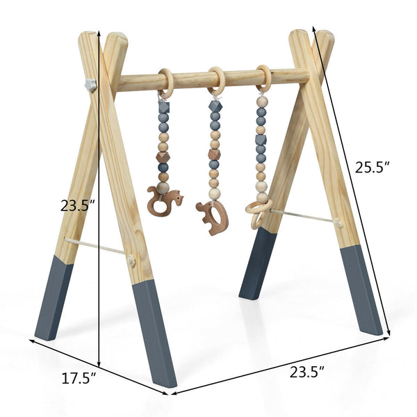 Portable wooden baby activity gym with teething toys, perfect for newborns, shown from angle 21.