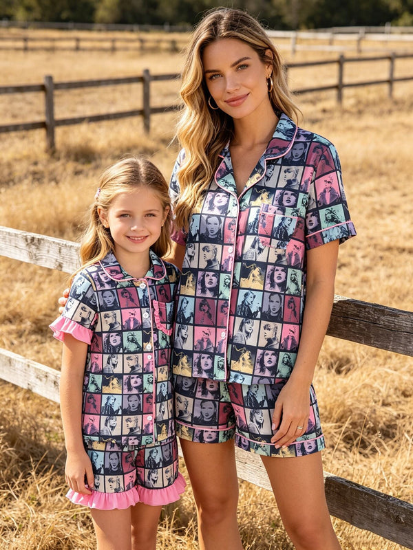Mommy me Black TS Summer Ruffle Pajama Set