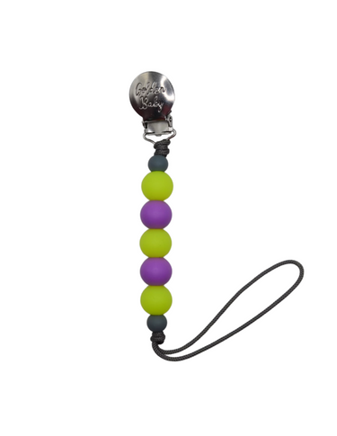 Glow in the dark yellow and purple pacifier clip for babies, perfect for keeping pacifiers close and visible at night.
