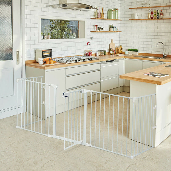 Adjustable 5-panel fireplace fence for babies and pets, 115 inches long, shown at angle 13.