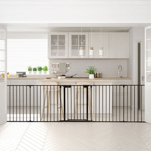 Adjustable 5-panel fireplace fence for pets, 115 inches long, shown at angle 5 for optimal viewing.