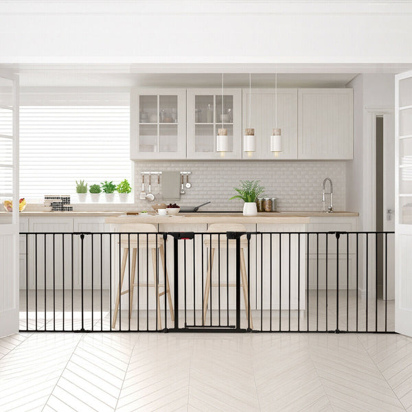 Adjustable 5-panel fireplace fence for pets, 115 inches long, shown at angle 5 for optimal viewing.