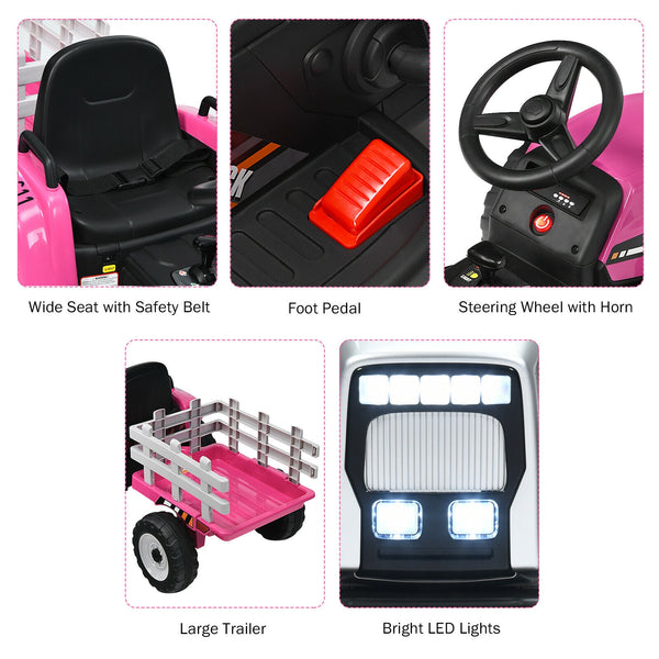 12V ride-on tractor with 3-gear shift and ground loader for kids 3+, angled view showcasing vibrant design and features.
