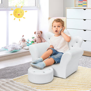Pink kids sofa with armrests and ottoman, perfect for playrooms or nurseries, shown from angle 14.