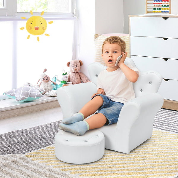 Pink kids sofa with armrests and ottoman, perfect for playrooms or nurseries, shown from angle 14.