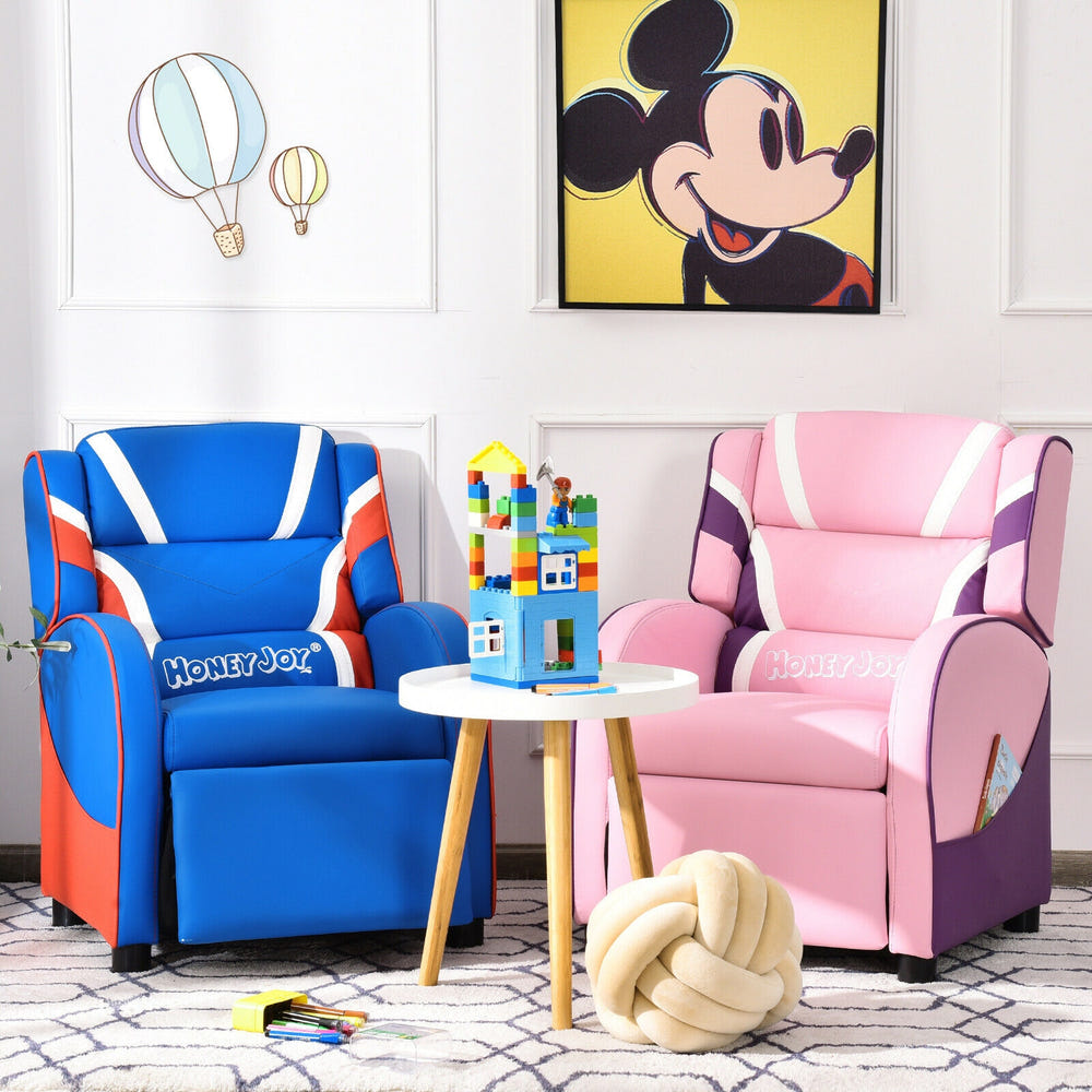Kids leather recliner chair with side pockets, perfect for comfort and style in any child's room.