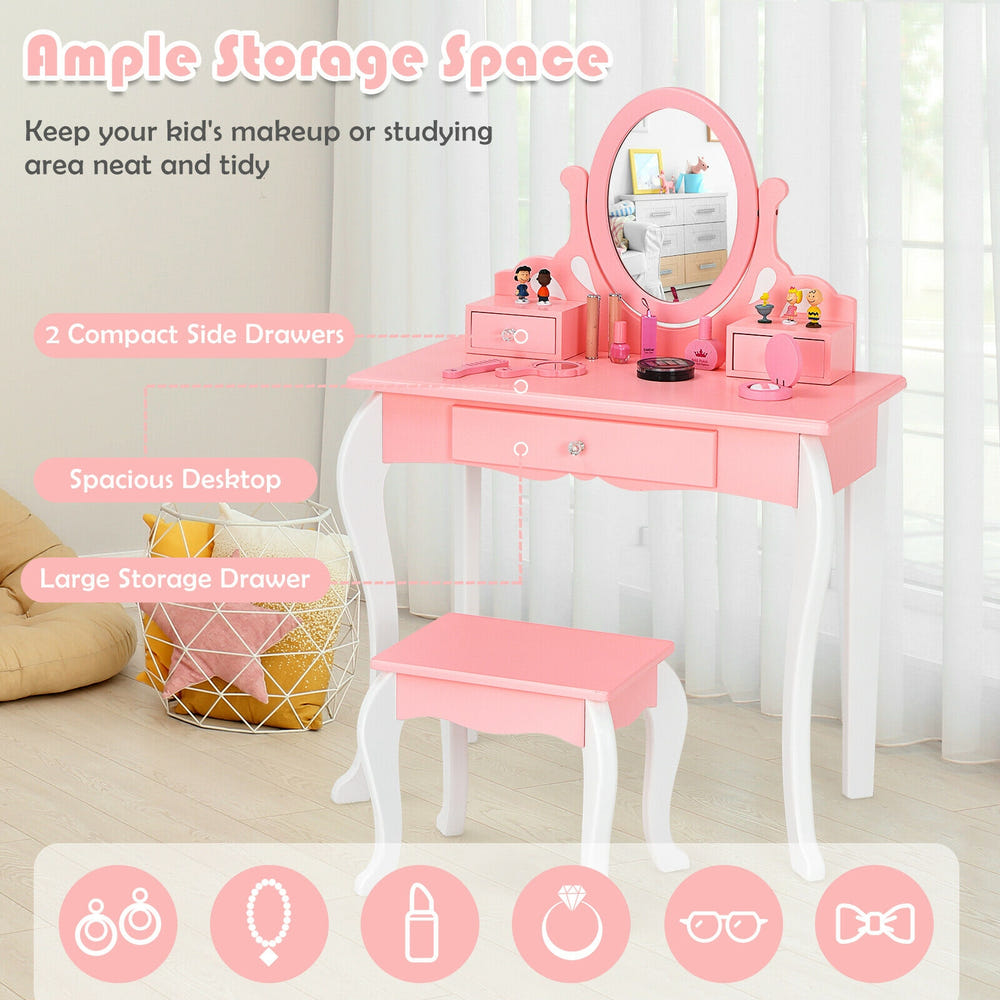 Kids Vanity Princess Makeup Dressing Table Set with Mirror and Stool for imaginative play and stylish dressing.