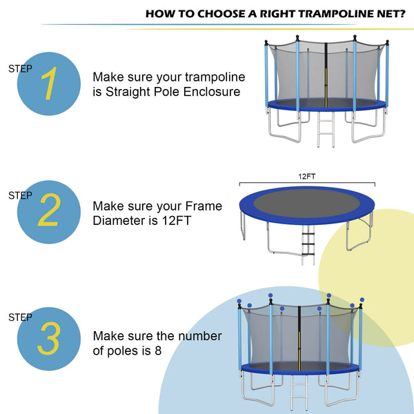 10Ft weather-resistant trampoline safety enclosure net for baby toys, shown at a 15-degree angle.