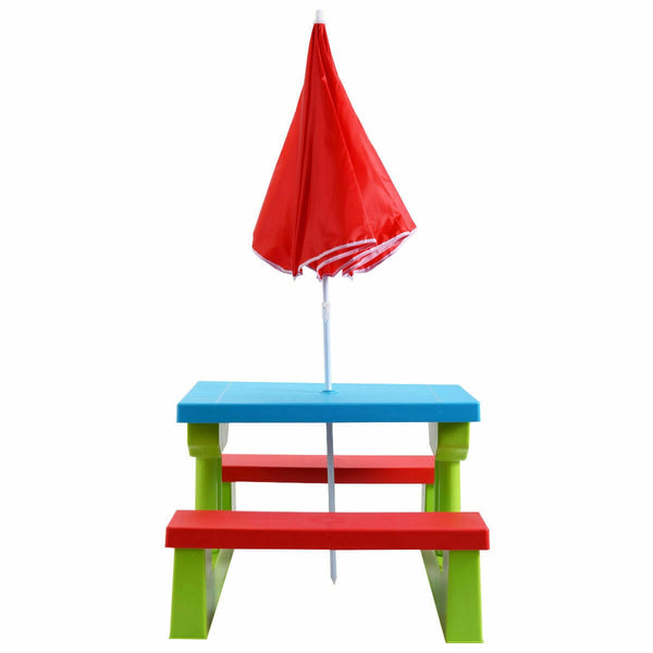 Kids picnic folding table and bench set with umbrella, perfect for outdoor play and family gatherings.