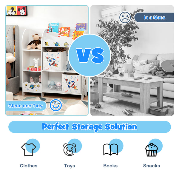 Wooden kids toy and book organizer with storage bins, angled view, perfect for children's room furniture.