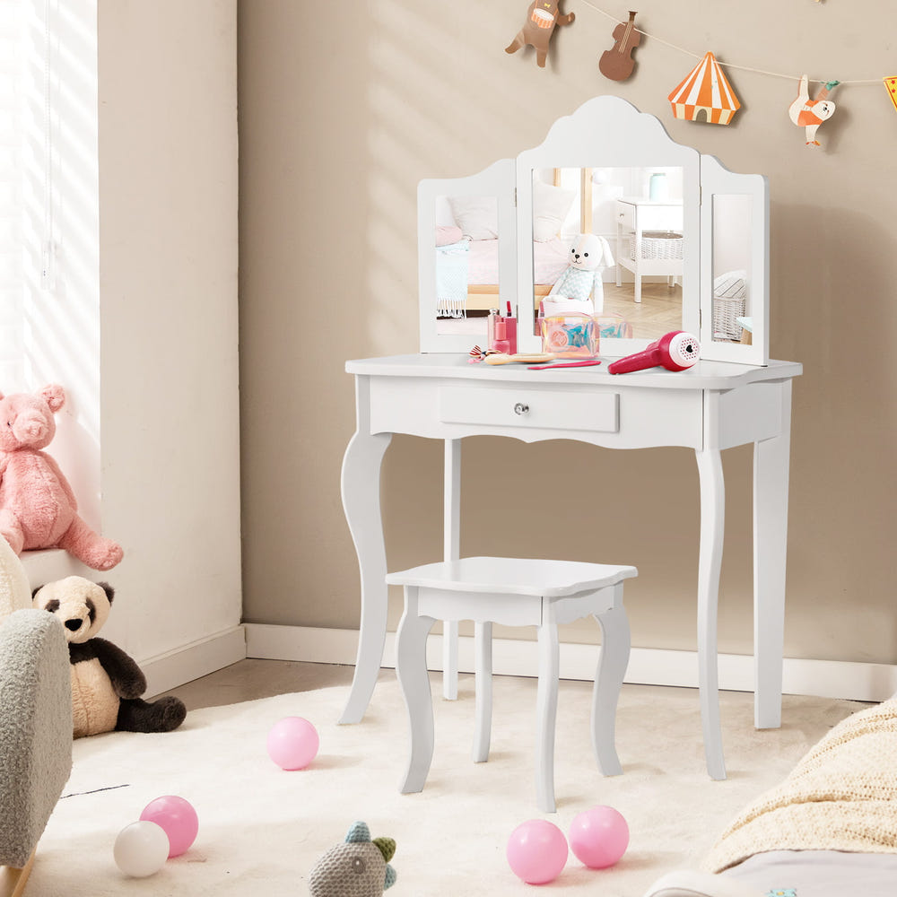 Kids makeup vanity table set with mirror and stool for imaginative play. Perfect for little ones!