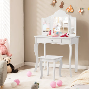 Kids makeup vanity table set with mirror and stool, perfect for imaginative play. Angle view showcasing design and features.