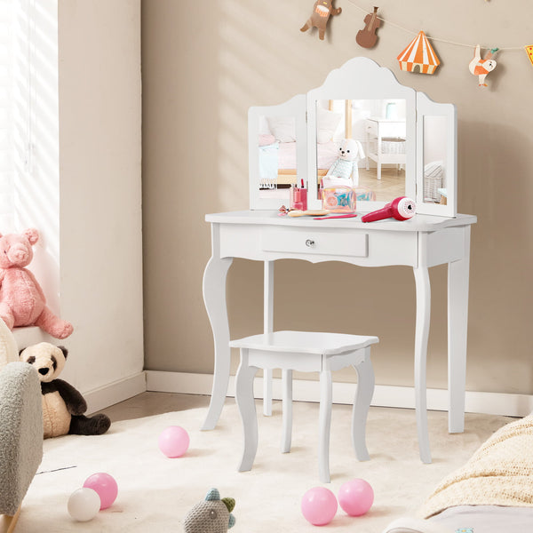 Kids makeup vanity table set with mirror and stool, perfect for imaginative play. Angle view showcasing design and features.