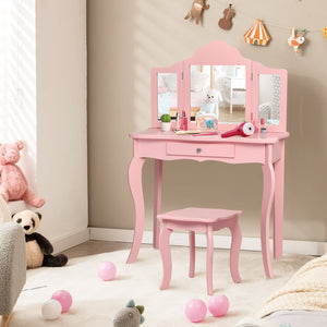 Kids makeup dressing mirror vanity table set with stool, perfect for imaginative play and stylish decor.