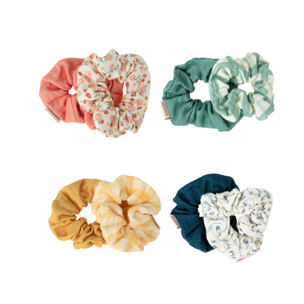 Set of 2 organic cotton hair scrunchies in Sunset Meadow design, perfect for babies and toddlers.