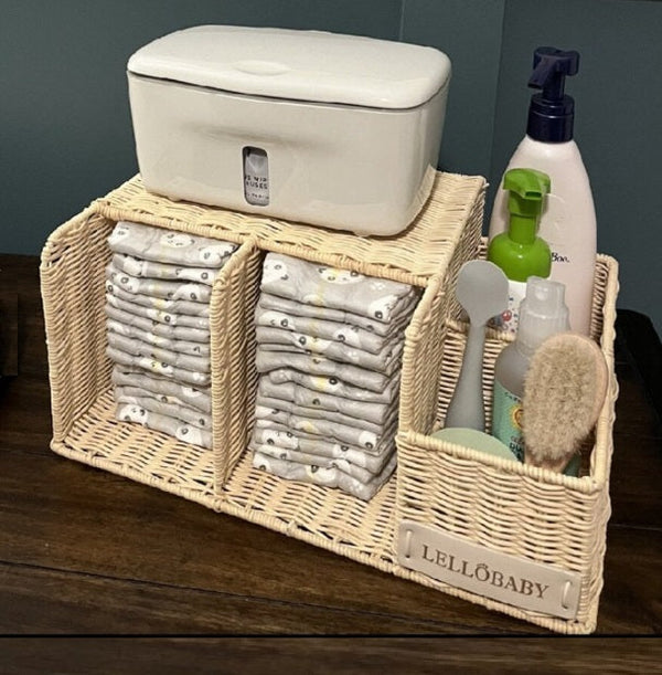 LELLOBABY™ X Hampton BABY Deluxe Rattan Diaper Caddy from angle 2, stylish and functional for baby essentials.