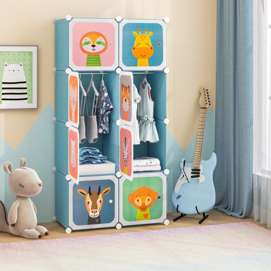 8 Cube Kids Wardrobe Closet with Hanging Section and Doors-8 Cubes for Kids Room