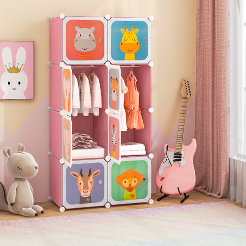 8 Cube Kids Wardrobe Closet with Hanging Section and Doors-8 Cubes for Kids Room