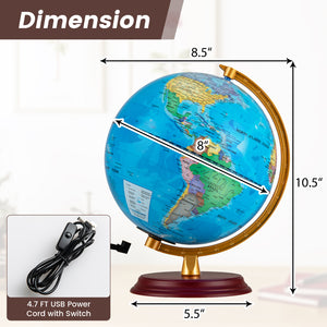 8 Inch Illuminated World Globe Night Light up Globe Lamp with Wooden Stand and HD Map