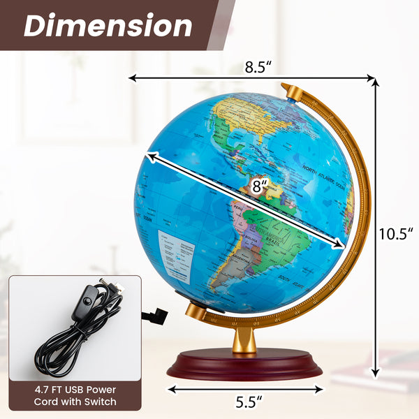 8 Inch Illuminated World Globe Night Light up Globe Lamp with Wooden Stand and HD Map