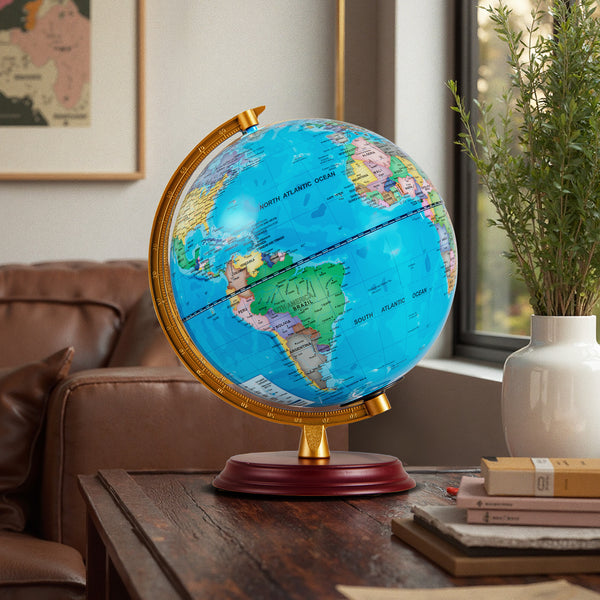 8 Inch Illuminated World Globe Night Light up Globe Lamp with Wooden Stand and HD Map
