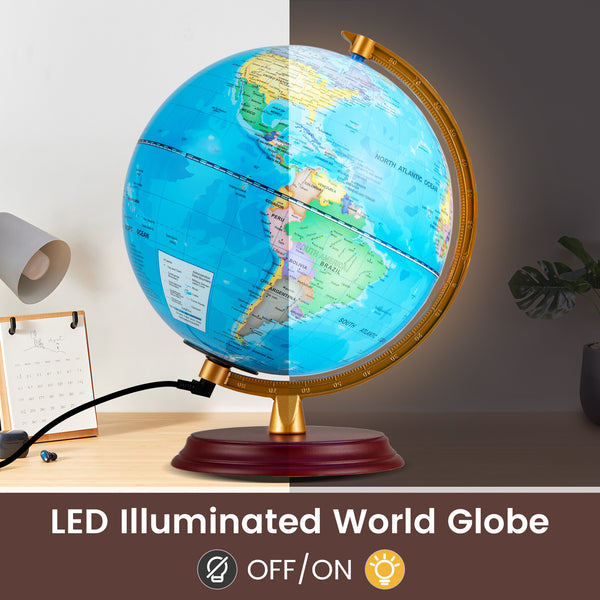 8 Inch Illuminated World Globe Night Light up Globe Lamp with Wooden Stand and HD Map