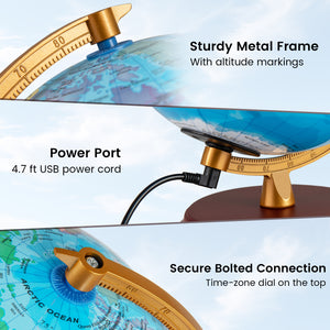 8 Inch Illuminated World Globe Night Light up Globe Lamp with Wooden Stand and HD Map
