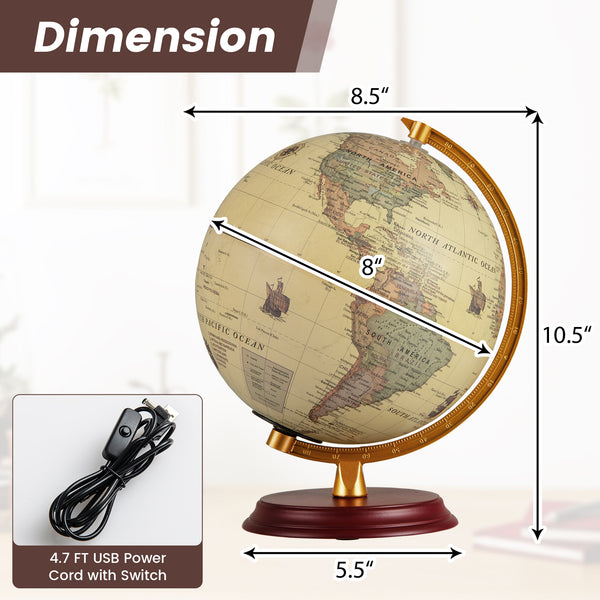 8 Inch Illuminated World Globe Night Light up Globe Lamp with Wooden Stand and HD Map