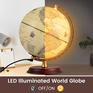 8 Inch Illuminated World Globe Night Light up Globe Lamp with Wooden Stand and HD Map