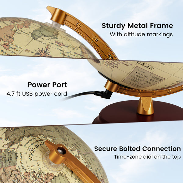 8 Inch Illuminated World Globe Night Light up Globe Lamp with Wooden Stand and HD Map