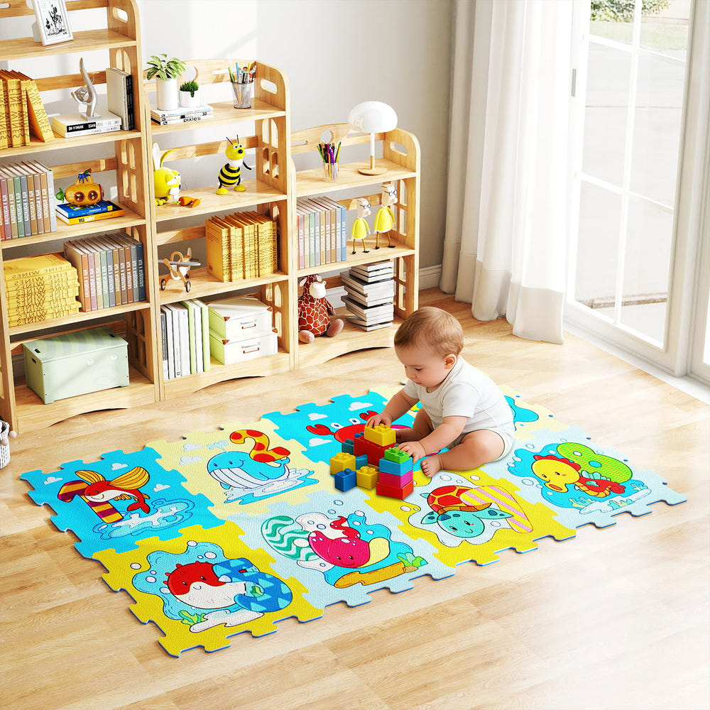 8-piece educational interlocking baby play mat featuring animals and numbers for learning and playtime.