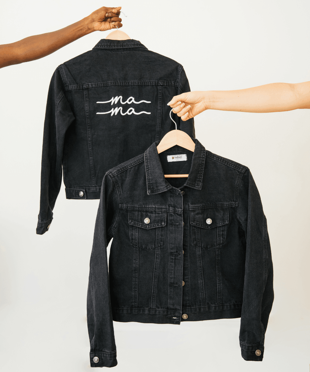 Black Denim Mama Jacket for stylish moms, perfect for casual outings and everyday wear.