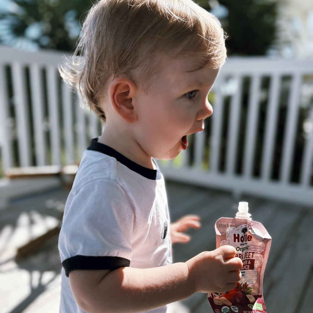 Organic Fruit & Veggie Purée - Zebra Beet in a convenient pouch for healthy baby meals.