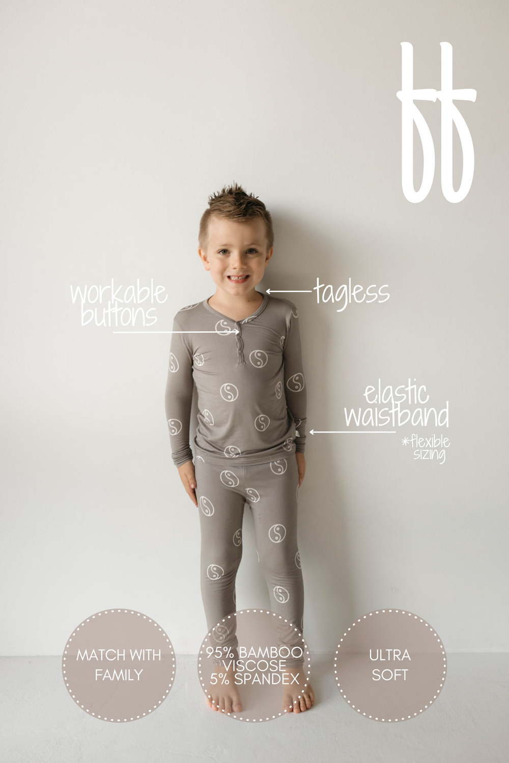 Bamboo two-piece pajamas in sage with yin yang design for babies, soft and stylish sleepwear.