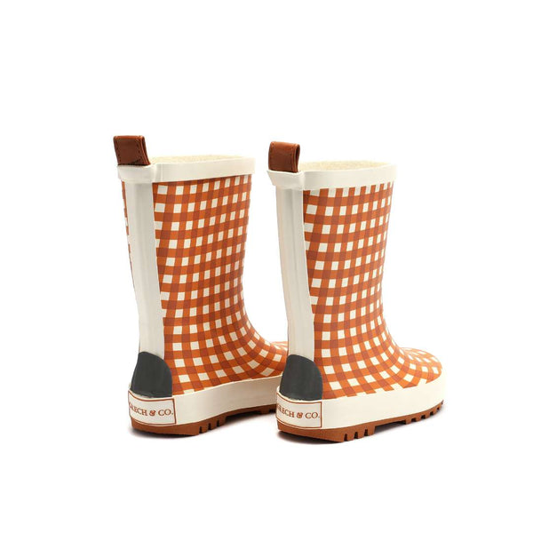 Classic Sienna Gingham rain boots for babies, angled view showcasing stylish design and vibrant colors.