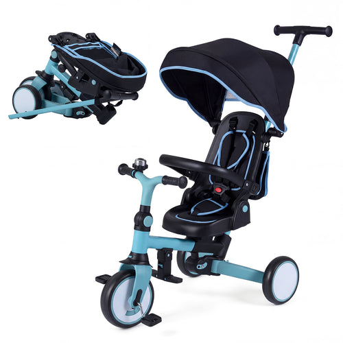 8-in-1 Folding Kids Tricycle with removable canopy and push handle for versatile outdoor fun.