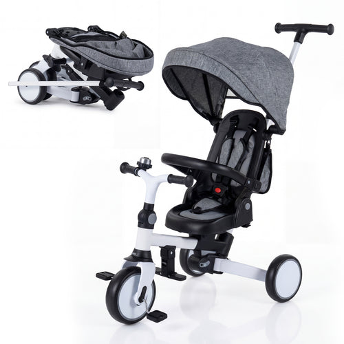 8-in-1 folding kids tricycle with removable canopy and push handle, viewed from angle 2. Perfect for outdoor fun!